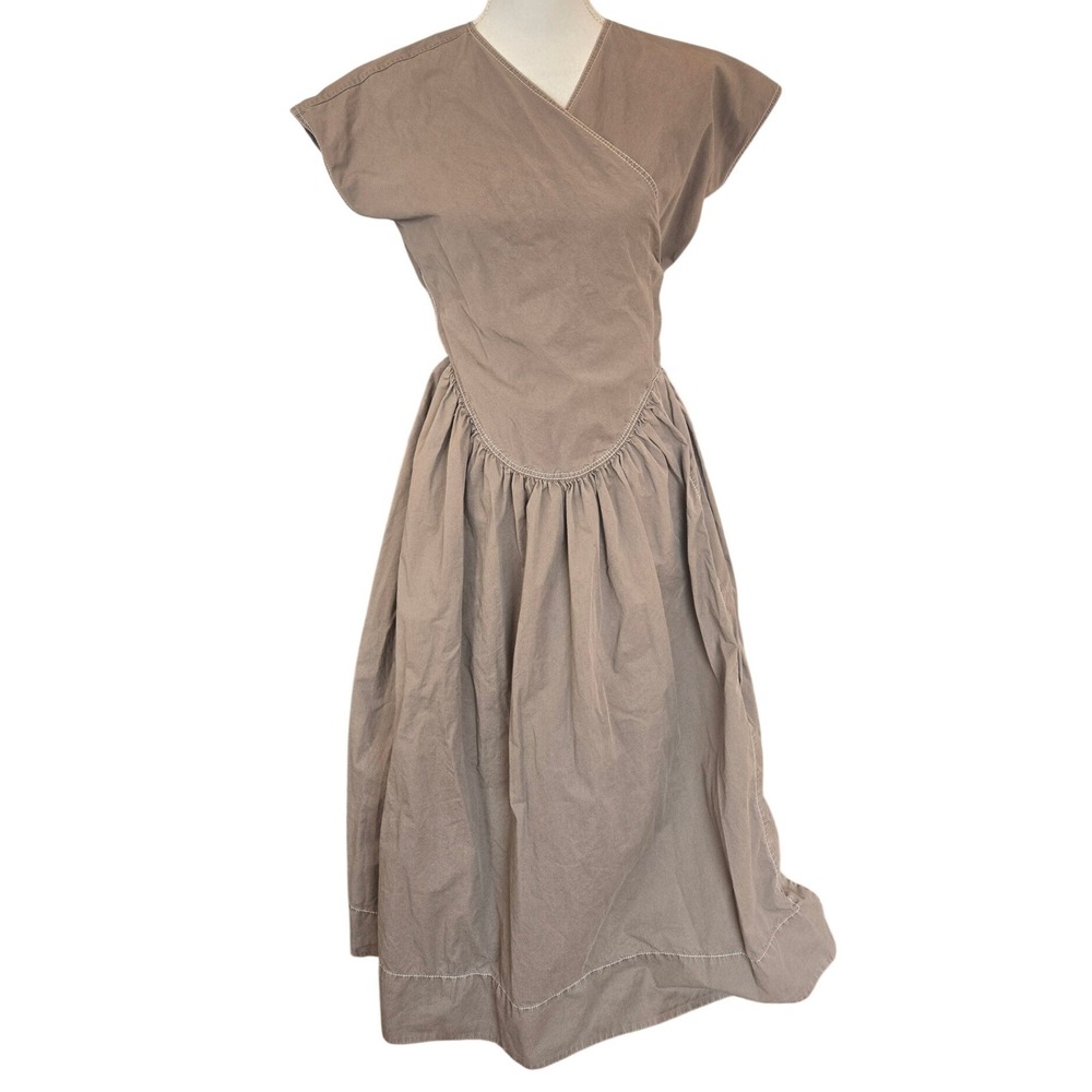 Tory Burch Poplin Midi Wrap Dress Taupe Brown Size 4 Cotton Pockets Minimalist